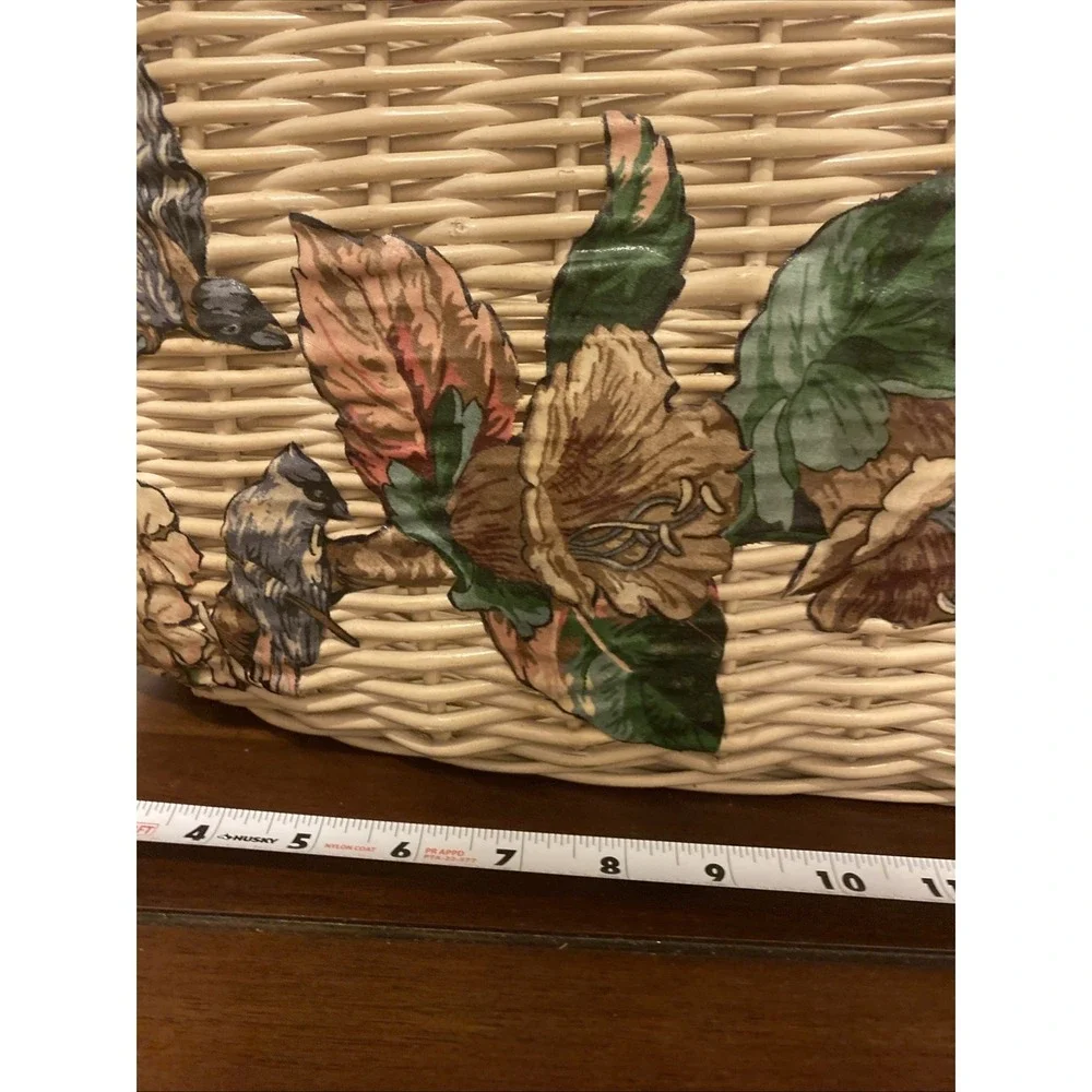 Vintage Woven Wicker Rattan Basket Featuring Prominent Floral And Bird Designs